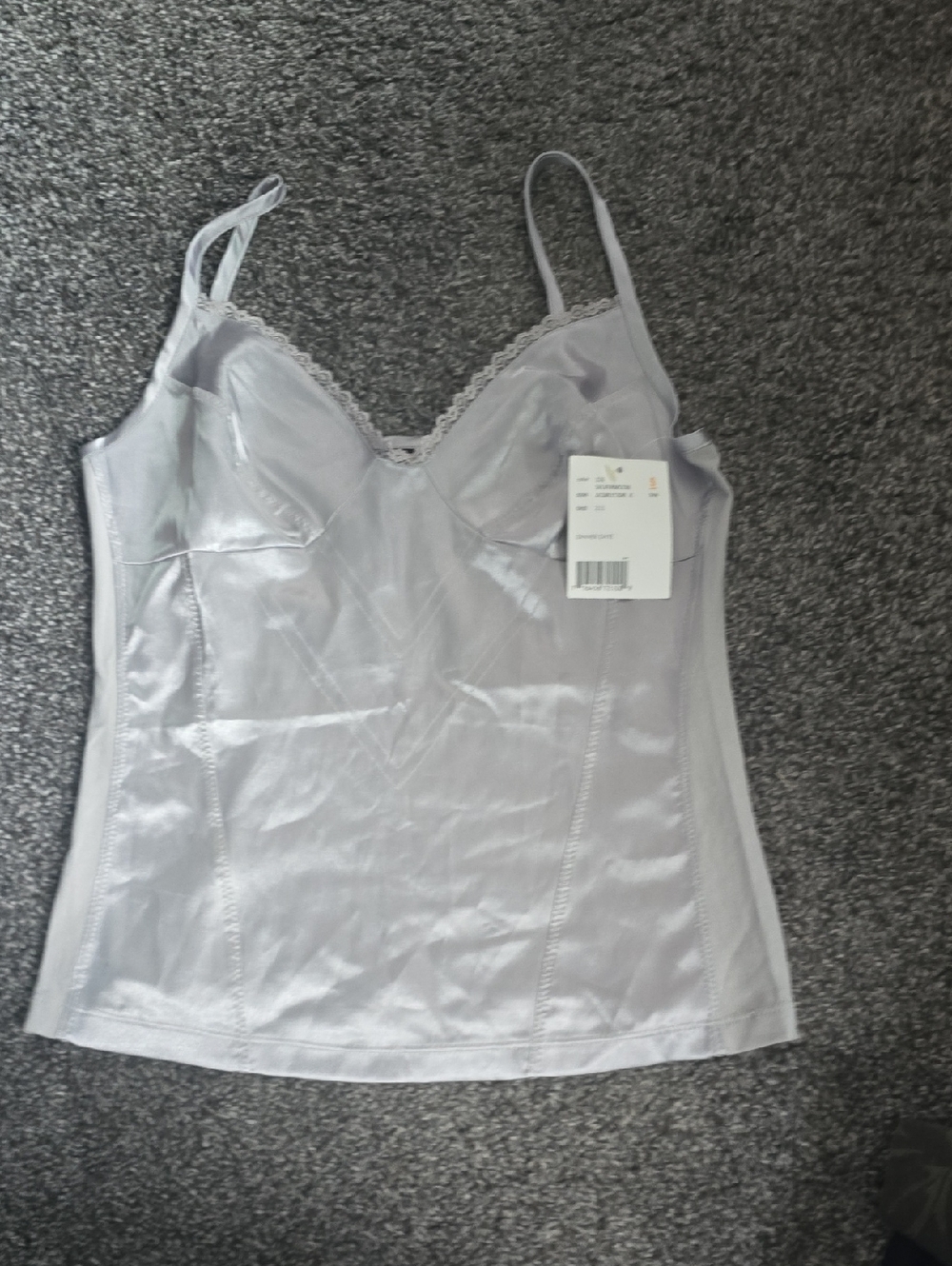 Light Grey Satin Camisole with Lace Trim And Cotron Stretch Back
